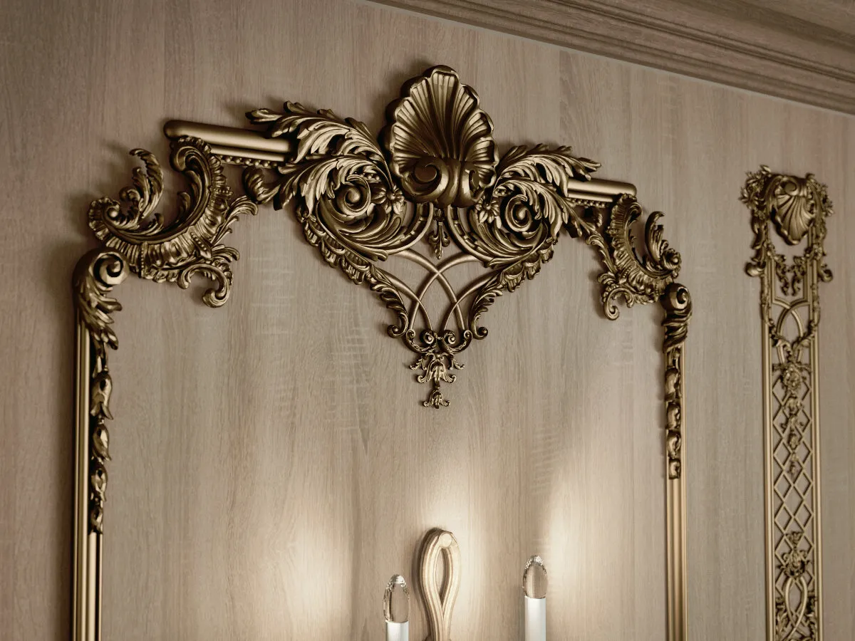 Rendering: ornamental woodwork frames a wall panel with carved floral forms in a home interior.