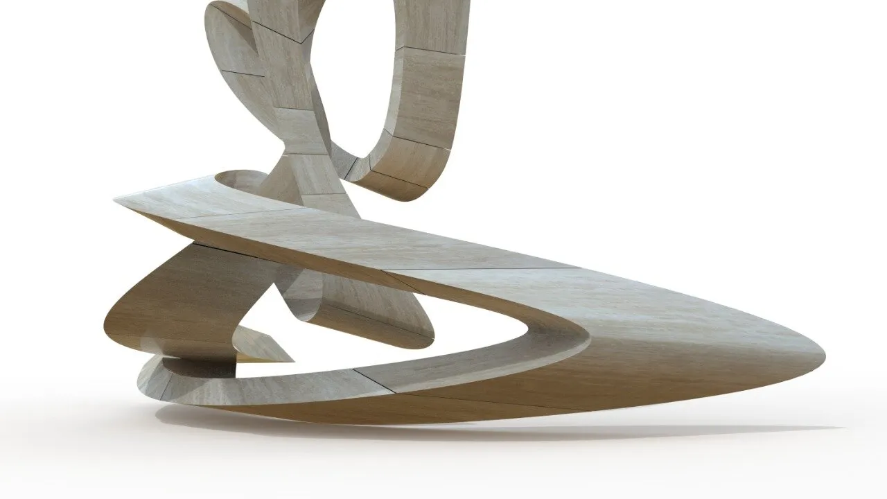 Close view of a travertine sculpture: a wide curved ribbon with looping petals rising from it