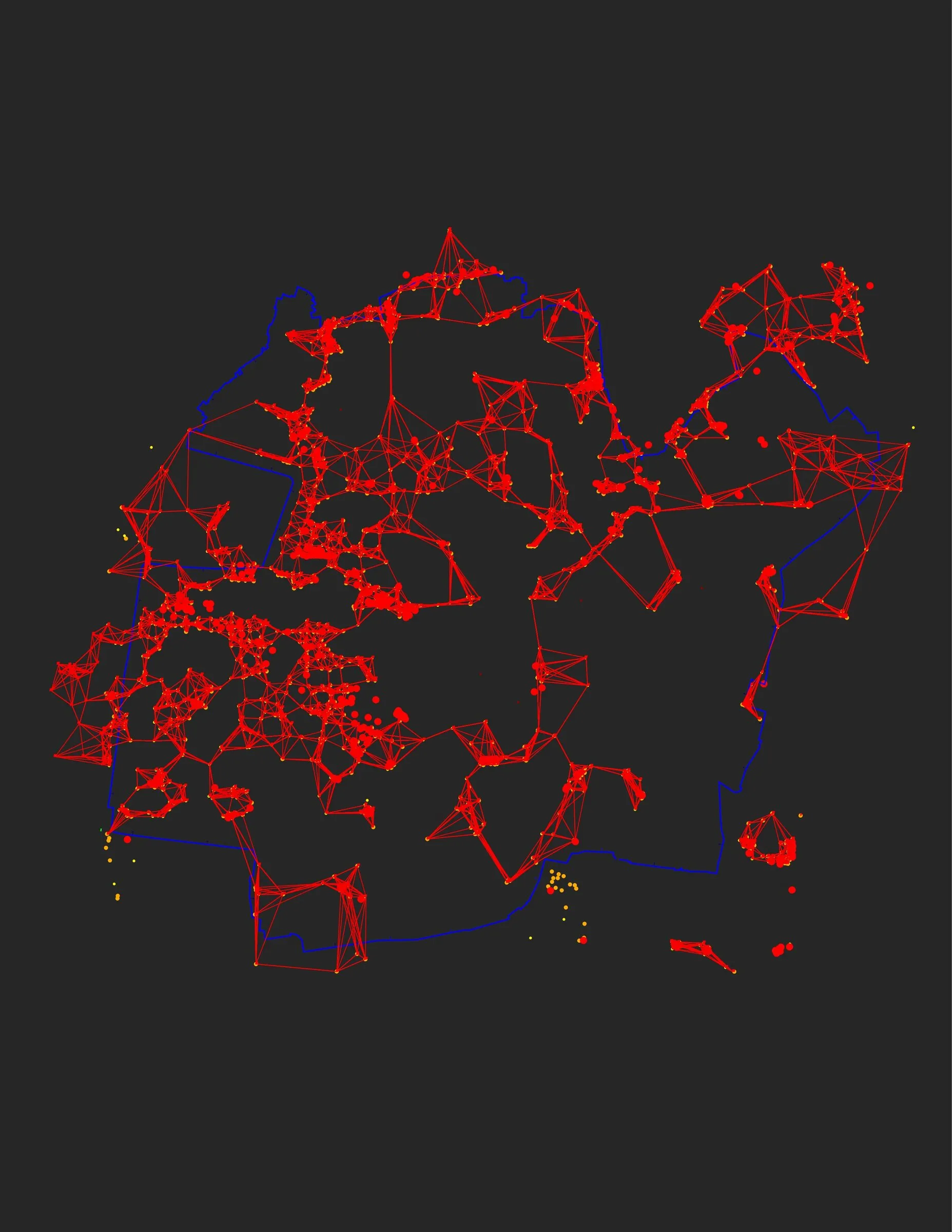 A dense red network of lines and points appears against a dark background.