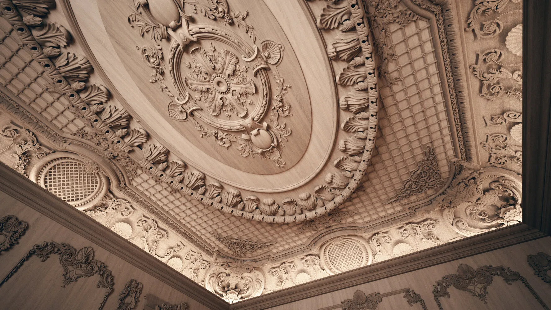 Rendering: ornamental ceiling relief forms a layered oval medallion, seen from below.