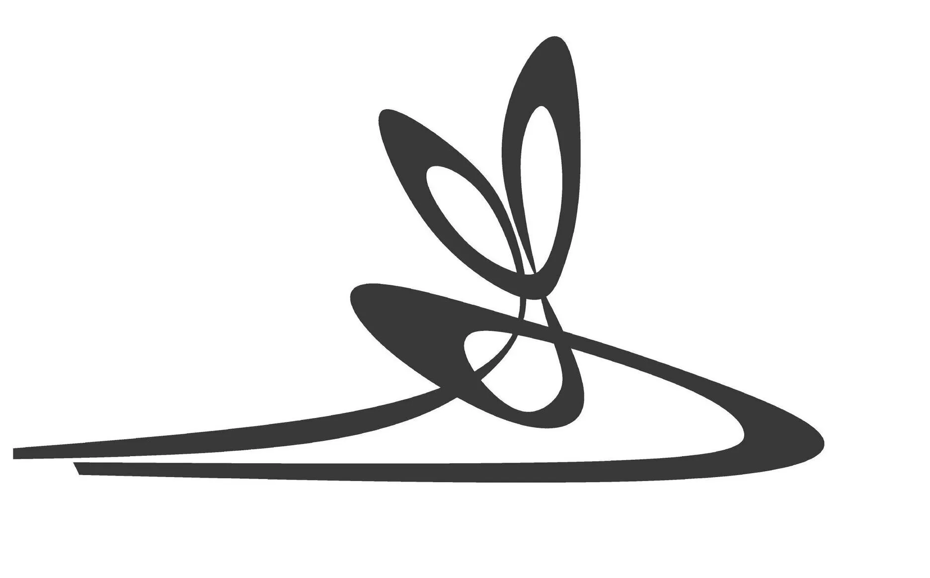A dark silhouette of the sculpture's looping strips on a white background