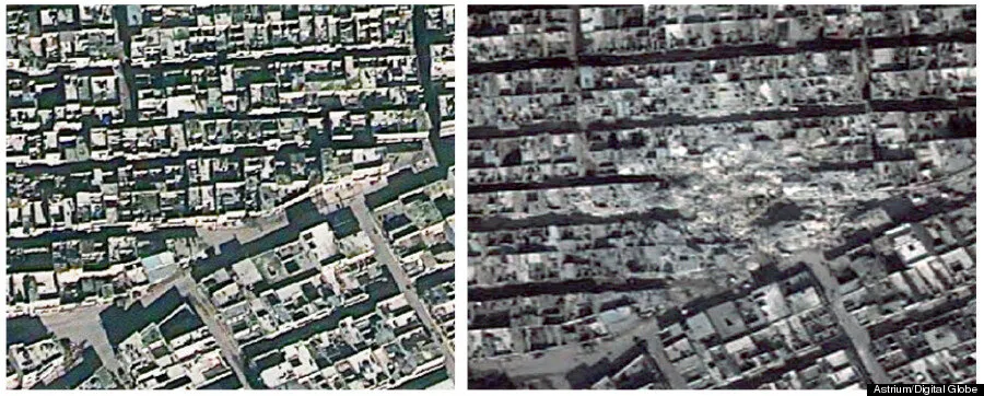 Paired satellite views show the same dense district before and after damage.