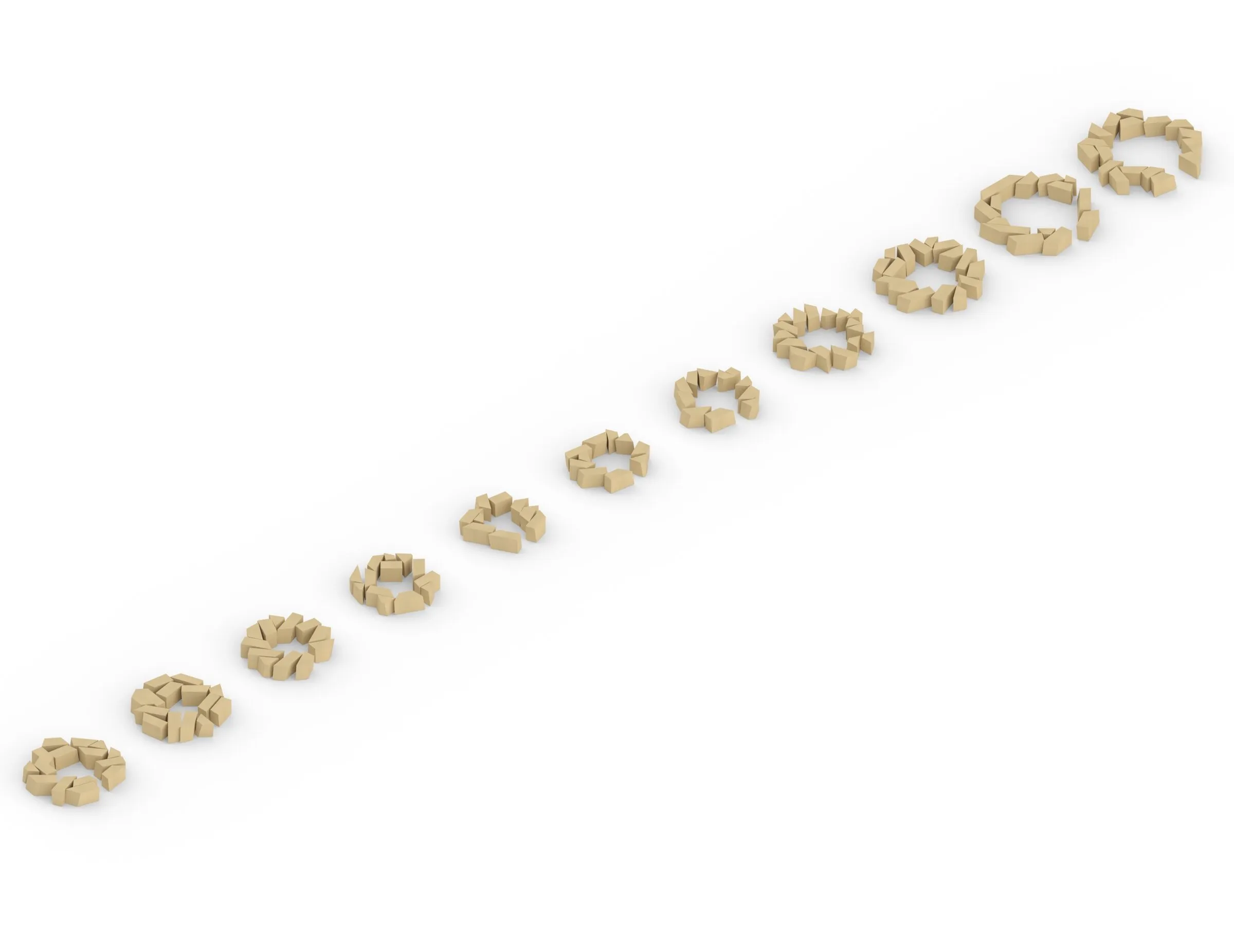 Small ring-shaped parts line up along a diagonal, increasing in size.