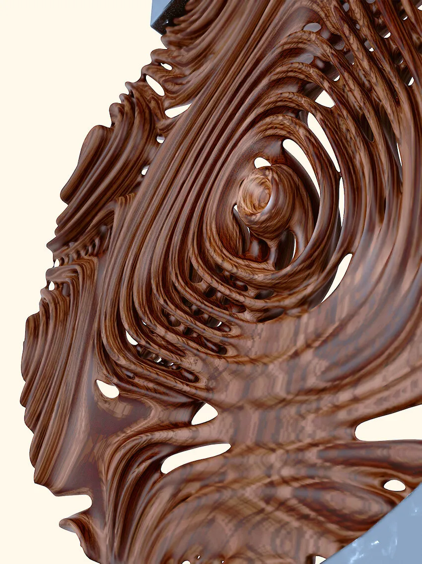 A layered brown wall form curves around open cutouts against a pale blue backdrop.