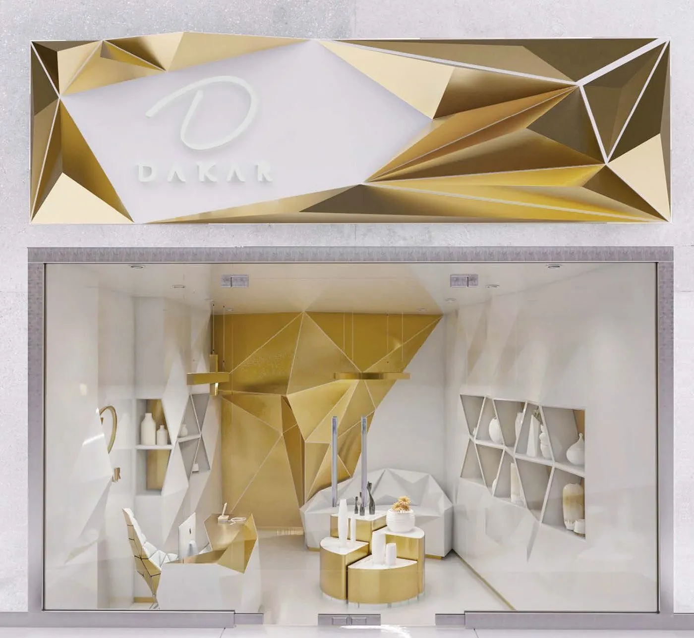 Rendering of a bright shop interior with faceted gold walls, white shelves and a round counter.
