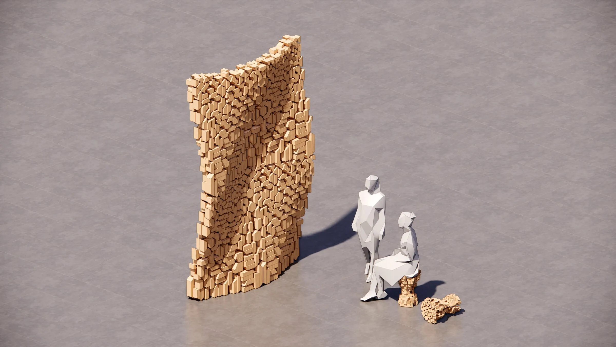 Rendering of a curved wall made from stacked wooden blocks beside two small scale figures.
