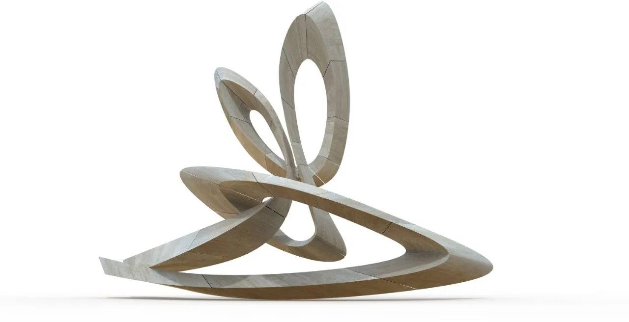 A white travertine sculpture of looping ribbons rising from a long curved base, rendered on a white ground